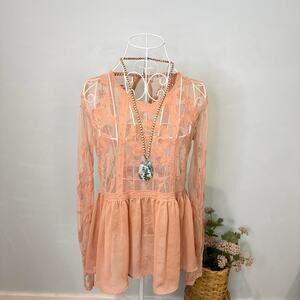 Gorgeous sheer melon orange/rust embroidered  floral babydoll peasant blouse